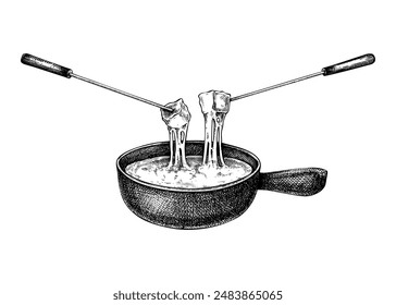 Cheese fondue sketch. Hand-drawn food illustration. Melted cheese in pot vector drawing. French cuisine menu design element. NOT AI generated