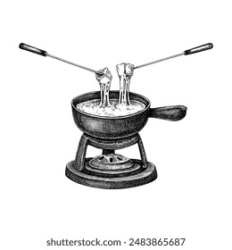 Cheese fondue sketch. Hand-drawn food illustration. Melted cheese in pot vector drawing. French cuisine menu design element. NOT AI generated