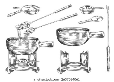 Cheese fondue sketch vector set. Melted cheese with bread slice. Fondue bowl, dripping hot cream on skewer with toast hand drawn engraved illustration. Healthy snack, cooking utensil