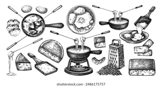 Cheese fondue sketches set. Hand-drawn food illustrations. Dairy products, melted cheese, fondue pots vector drawings. NOT AI generated