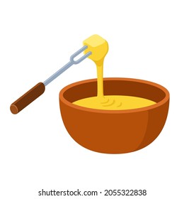 Cheese fondue, traditional Swiss hot pot, dipping food in melted cheese. Cartoon vector clip art illustration. 