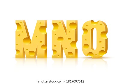 Cheese font 3d symbol, letter M N O set. Vector illustration