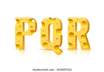 Police de fromage 3d symbole, lettre P Q R set. Illustration vectorielle