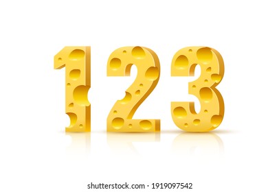 Cheese font 3d symbol, numbers 1 2 3 set. Vector illustration