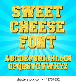 Cheese font. Chesse alphabet. Set of cheese letters. Vector design. Cheese slice isolated letters, latin font. Yummy food snack typeset alphabet collection. Vector illustration.