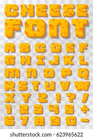 Cheese font letters and numbers on a transparent background. Vector illustration 