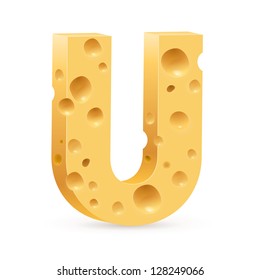 Cheese font U letter. Illustration on white.