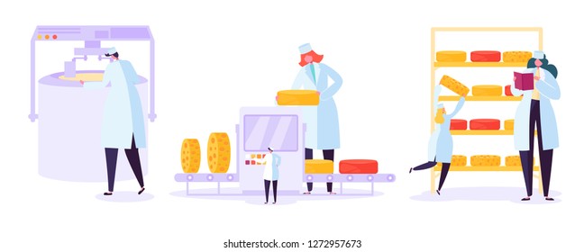 Cheese Food Production Factory Set. Commercial Character Making Dairy Machinery Process in Metal Tank. Milk Ripening Manufacturing Equipment Line Flat Cartoon Vector Illustration