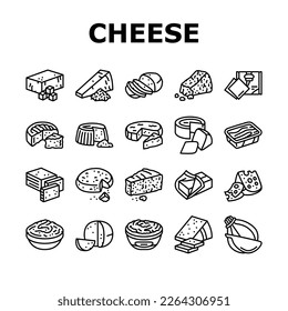 cheese food slice piece dairy icons set vector. cheddar milk, swiss product, parmesan gourmet, snack breakfast, tasty fresh yellow cheese food slice piece dairy black contour illustrations