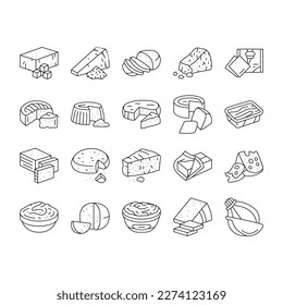 cheese food slice piece dairy icons set vector. cheddar milk, swiss product, parmesan gourmet, snack breakfast, tasty fresh yellow cheese food slice piece dairy black contour illustrations