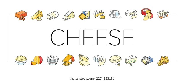 cheese food slice piece dairy icons set vector. cheddar milk, swiss product, parmesan gourmet, snack breakfast, tasty fresh yellow cheese food slice piece dairy color line illustrations