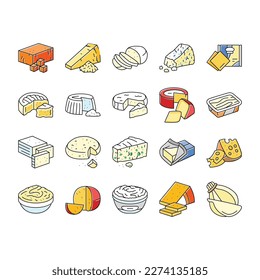 cheese food slice piece dairy icons set vector. cheddar milk, swiss product, parmesan gourmet, snack breakfast, tasty fresh yellow cheese food slice piece dairy color line illustrations