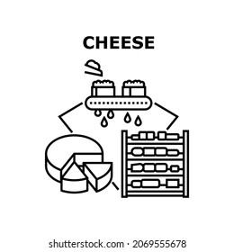 Käse Food Vektor Symbol Konzept. Käsefutterherstellung in der Milchfabrik, Molkereiprodukt im Pflanzentransport. Köstliche Schwarze Illustration zur Herstellung von Milchnahrungsmitteln für natürliche Inhaltsstoffe