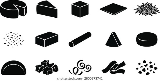 Cheese Forms Silhouette Icon Set Vector Wheel Wedge Slice Block Shredded