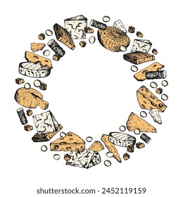 Fondo de marco de queso. Dibujado a mano grabado boceto con producto de leche de queso orgánico, cuajada, alimentos frescos. Borde de Ilustración vectorial para menú, etiqueta, Anuncio, identidad, tarjeta, Plantilla