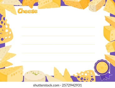 Cheese frame, diploma, certificate. School honorary diploma with cheese products.  Vector isolated. Frame of hard cheese of different shapes