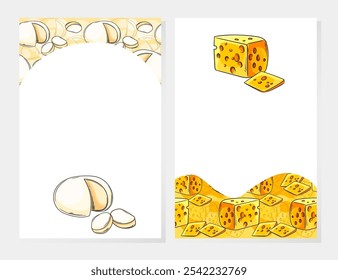 Cheese frame featuring mozzarella balls with blank space in the center. Suitable for dairy packaging, restaurant menus, or food advertisements. Vector illustration.
