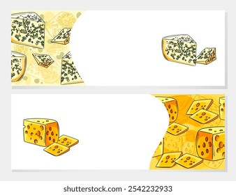 Cheese frame with various types of cheeses, including Swiss, brie, and blue, arranged around a blank center for text or logos. Ideal for dairy product labels or culinary promotions. Vector.