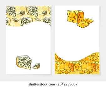 Cheese frame with various types of cheeses, including Swiss, brie, and blue, arranged around a blank center for text or logos. Ideal for dairy product labels or culinary promotions. Vector.