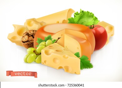 Cheese, fruits and vegetables. 3d vector icon