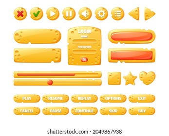 Cheese game ui buttons, cartoon menu interface gui elements of yellow color with holes texture. Progress bar, user settings panel, slider, pause, arrow, login and password board, isolated vector set