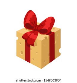 Cheese gift box with red bow. Vector illustration for New Year card