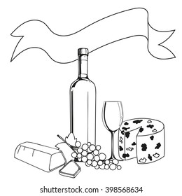 Cheese, glass, wine, grapes, brie cheese, blue cheese. Vector illustration