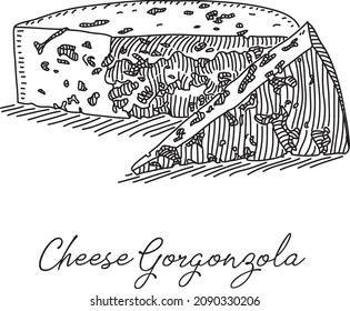Cheese Gorgonzola. Slice of Gorgonzola Cheese vector. Sketchy hand-drawn illustration.