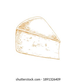Cheese Gouda isolated on white background. Dairy products. Vintage style design. Template for postcard, banner, poster, web design, menu. Hand Drawn vector illustration.