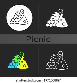 Cheese and grapes dark theme icon. Pairing fruit and cheese. Sweetness and saltiness combination. Companion for wines. Linear white, simple glyph and RGB color styles. Isolated vector illustrations