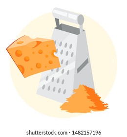 Cheese grater, kitchen utensil. Cooking equipment and dairy product. Metal tool for food preparation. Isolated cartoon vector illustration