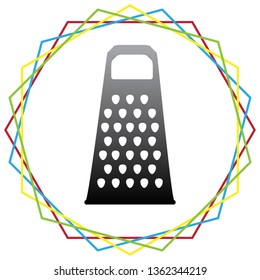 Cheese grater sign. Vector. Black icon with patch of light inside colorful hexagonal frames at white background.