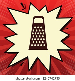 Cheese grater sign. Vector. Dark red icon in lemon chiffon shutter bubble at red popart background with rays.