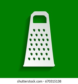 Cheese grater sign. Vector. Paper whitish icon with soft shadow on green background.