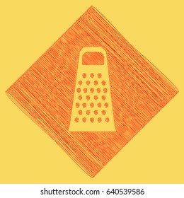 Cheese grater sign. Vector. Red scribble icon obtained as a result of subtraction rhomb and path. Royal yellow background.