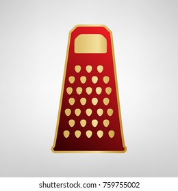 Cheese grater sign. Vector. Red icon on gold sticker at light gray background.