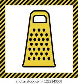 Cheese grater sign. Vector. Warm yellow icon with black contour in frame named as under construction at white background. Isolated.