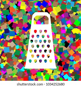 Cheese grater sign. Vector. White icon on colorful background with seamless pattern from squares.