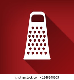 Cheese grater sign. Vector. White icon with limitless shadow at ruby red background.