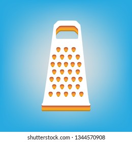 Cheese grater sign. Vector. White icon with 3d warm-colored gradient body at sky blue background.