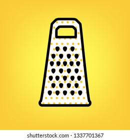 Cheese grater sign. Vector. Yellow polka dot white icon with black contour at warm yellow background.