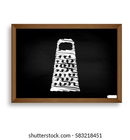 Cheese grater sign. White chalk icon on black school board with 