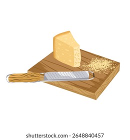 Cheese grater, triangle parmesan piece and crumbs on wooden board. Vector cartoon illustration. Hand drawn food still life with rustic details isolated on white background for menu, print