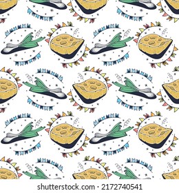 Cheese and Green onion. Seamless pattern on a white background. Cute vector illustration.