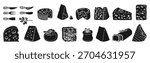 Cheese hand drawn black silhouette set illustration. Different types shape of cheese Brie, Camembert, Swiss cheese with holes, Parmesan blue cheese. Graphic vector figure design food or dairy projects