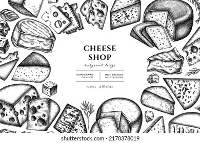 Diseño de ilustración con mano de queso. Antecedentes con boceto, queso gouda, roquefort, etc.
