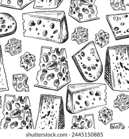 Cheese hand drawn seamless pattern. Sketch engraving style