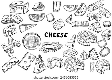 Cheese hand drawn set. Camembert, Comte, Roquefort, Chabichou, Emmental, etc. Vector illustration isolated on white background. For packaging, wall art, posters, branding,  magazines, book cover, blog