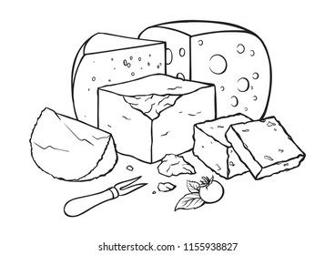 Cheese hand drawn set engraving. vector illustration.