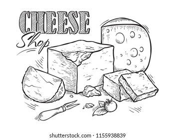 Cheese hand drawn set engraving. vector illustration.